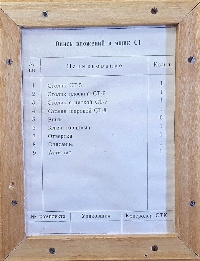Ящик СТ с описью
Внутри вложены инструменты для починки или полировки деталей.
Опись:
1) Столик СТ-5
2) Столик плоский СТ-6
3) Столик с пяткой СТ-7
4) Столик шаровой СТ-8
5) Винт (6 шт)
6) Ключ торцовый
7) Отвертка
8) Описание
9) Аттестат  